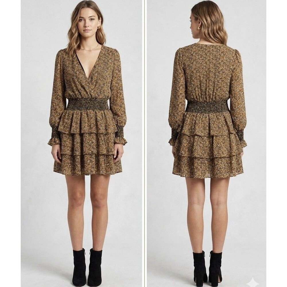 Michael Kors Floral Mini Dress Smocked Waist Ruffle Tiered V Neck Long Sleeve M